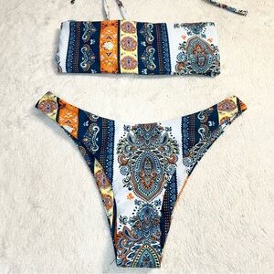 SHEIN Boho Paisley Print Bikini Set in Navy, Orange & White Size Small